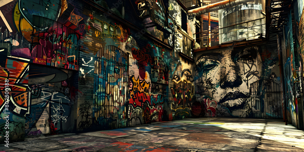 Graffiti covered alley with graffiti covered benches and fire escape doors  . 

