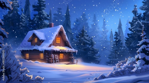 Cozy Snowy Winter Cabin in Magical Forest © CYBERUSS
