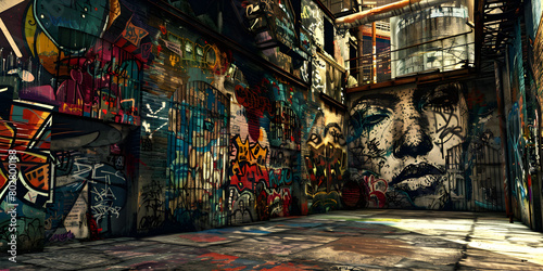 Graffiti covered alley with graffiti covered benches and fire escape doors  .  