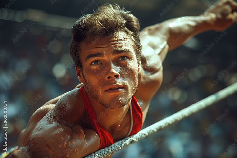 Pole vaulter clearing the bar with a perfectly executed jump, height