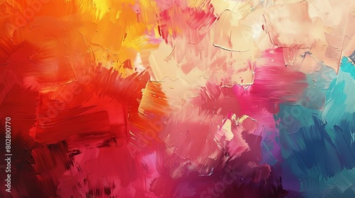 a colorful abstract painting featuring a red, orange, yellow, and green color scheme