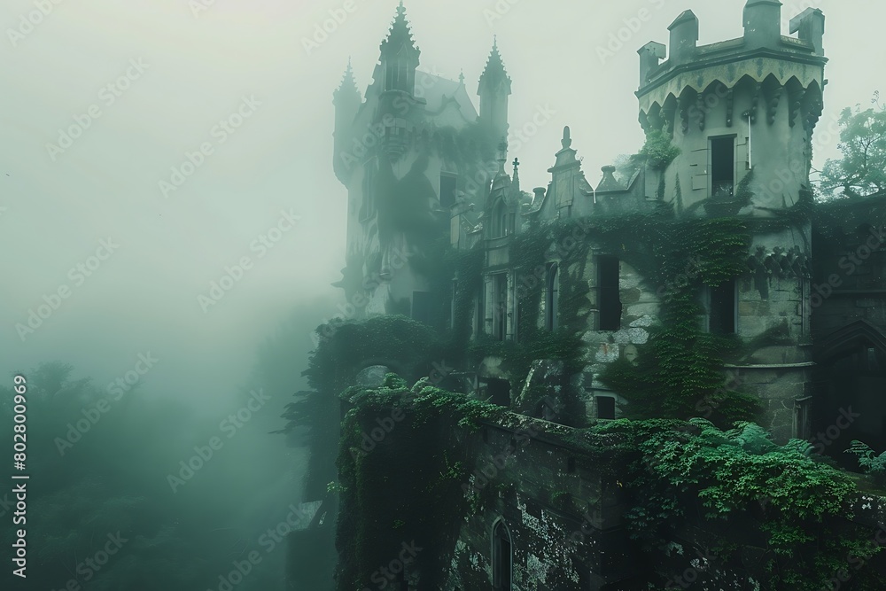 A mysterious abandoned castle covered in ivy and fog.