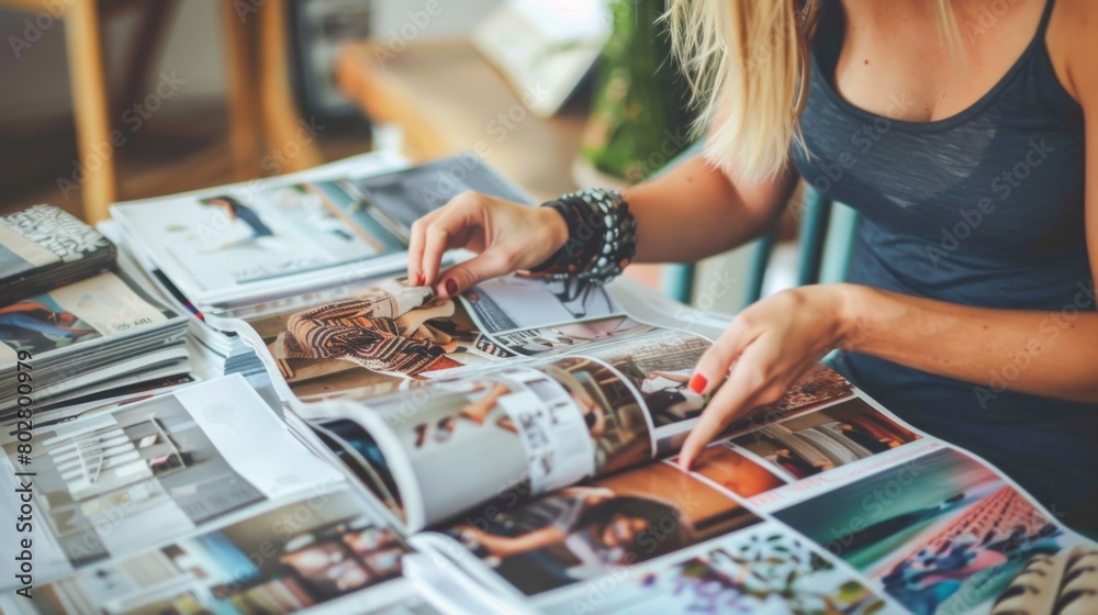 Fototapeta premium Print fashioner spreading out a magazine spread with text and pictures