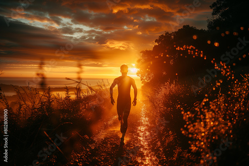 Triathlete completing the final leg of the race, exhausted but determined .A man is jogging in a grassy field under a fiery sunset sky