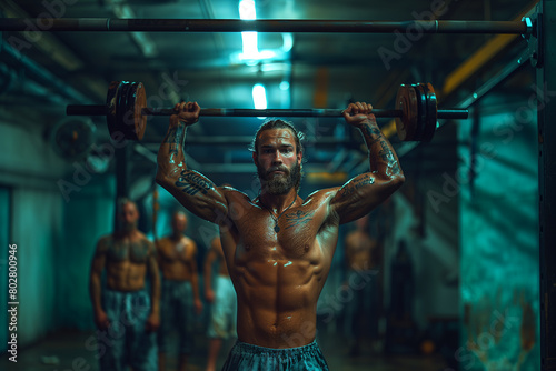 Weightlifter hoisting a barbell overhead with determination and strength .Barechested man lifting religious item in darkness at event photo