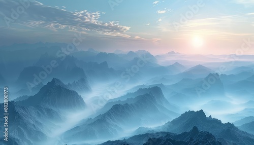 A stunning landscape of a mountain range at sunset. The sky is a deep blue and the sun is a bright yellow. The mountains are covered in snow. The image is peaceful and serene.