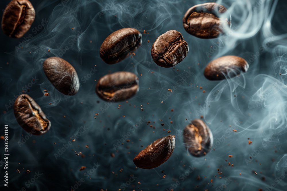 Coffee Beans in Flight Against Dark Backdrop Coffee Beans in Flight Against Dark Backdrop