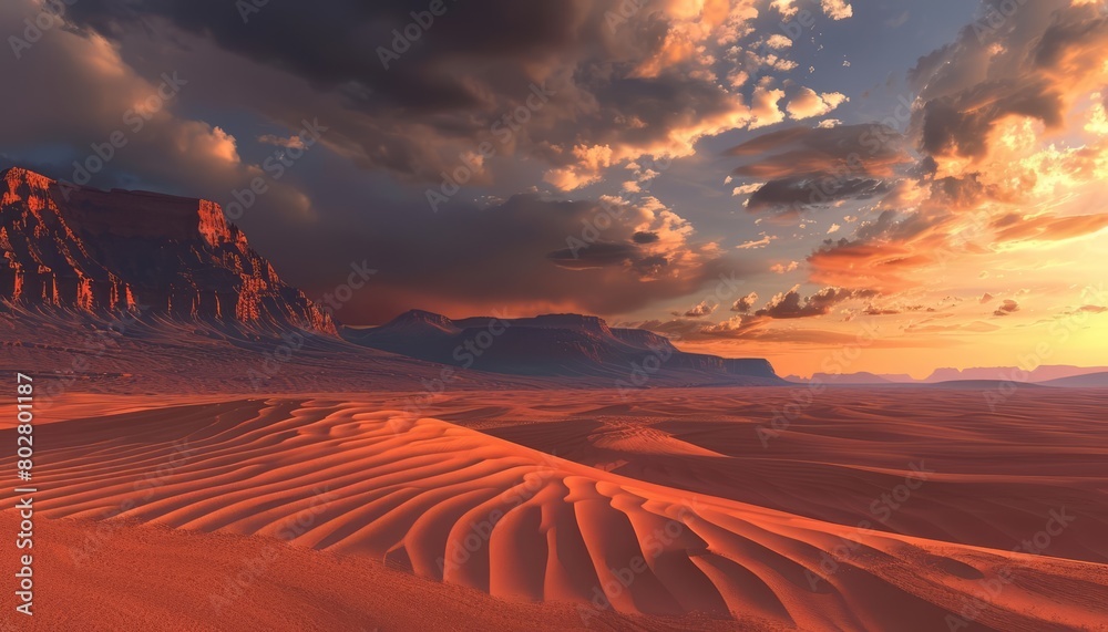 Fototapeta premium A vast and desolate desert landscape with a mountain range in the distance