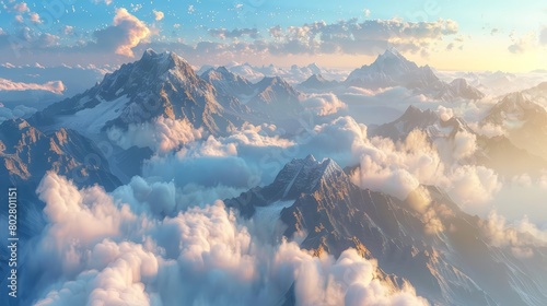 Enhance the beauty of this majestic mountain landscape with clouds by adding more detail and realism photo