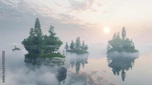 A beautiful landscape of floating islands with trees and a lake. The sun is rising in the background.