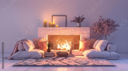 A cozy living room with a fireplace, soft cushions, and a warm rug. Perfect for relaxing and enjoying a cup of tea.