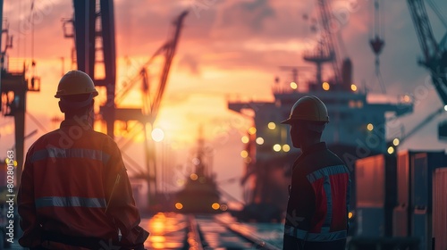 An inspiring image of two dock workers in the foreground of a shipyard, with blurred cranes and cargo ships in the background, representing the dedication and hard work of maritime professionals. photo
