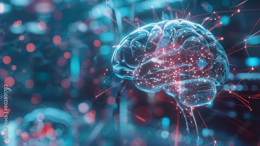 Generate an image of a brain with a glowing network of red and blue connections. The brain should be the focal point of the image. Generate an image of a brain with a glowing network of red and blue connections. The brain should be the focal point of the image.