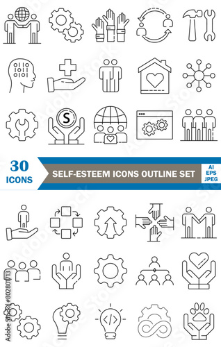Self-esteem icons set, outline style vector illustrator set