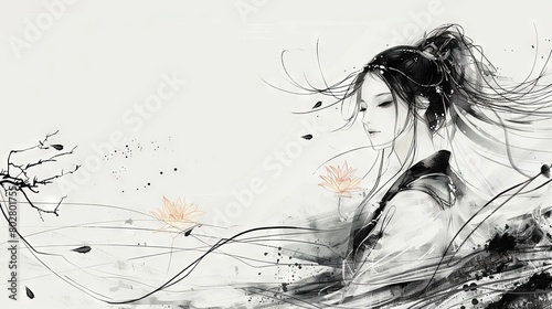 Asian Water Ink Painting of a Female Character