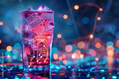 A futuristic cocktail glass filled with a glowing pink liquid sits on a bar counter. The glass is decorated with intricate patterns of glowing circuitry.
