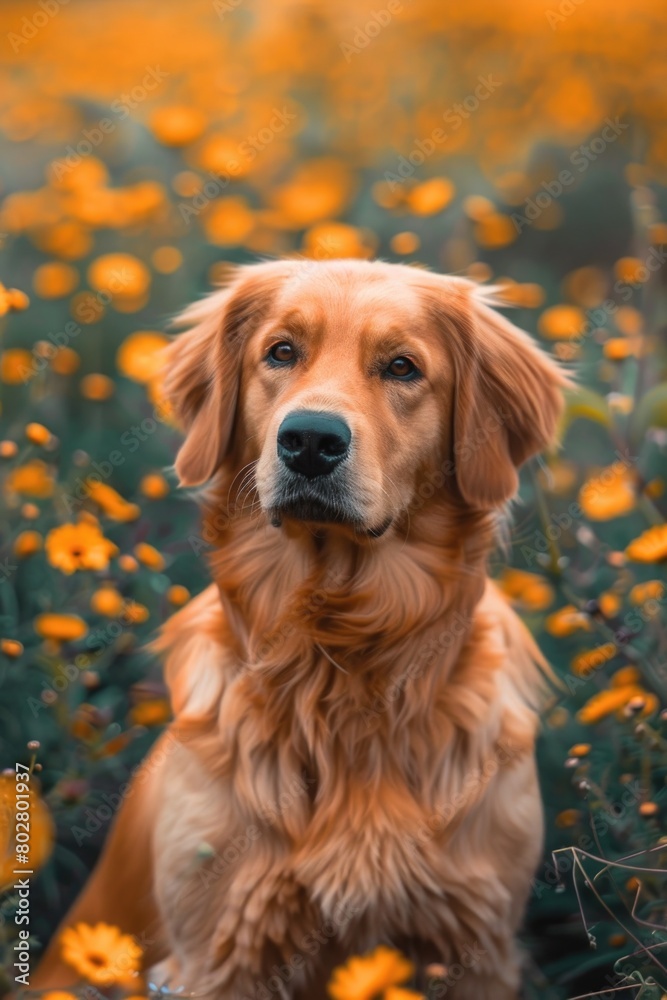 Obraz premium A dog sitting among beautiful yellow flowers. Perfect for nature or pet-related projects