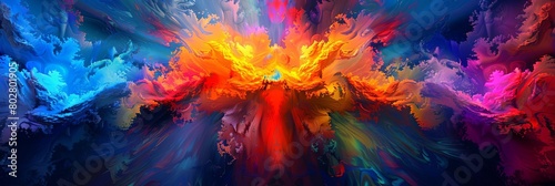 a colorful abstract painting featuring a red, yellow, green, and blue color scheme