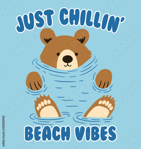 Bear mascot cartoon, just chilling beach vibes vector print illustration