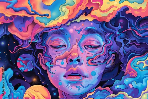 Psychedelic Dreamscape with Floating Female Figure