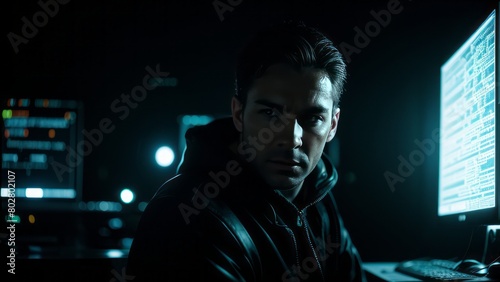 a man in a dark photo with a dark background.