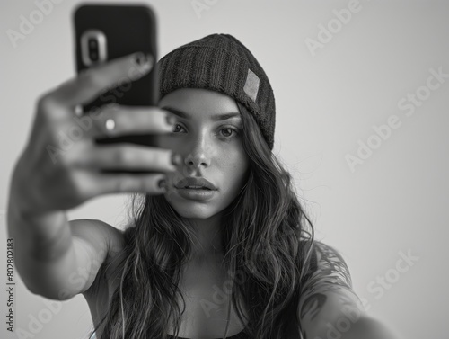 A young tattooed woman in a knit hat takes a selfie with her smartphone.