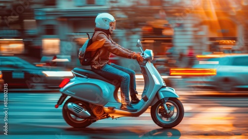 Man riding a scooter in urban environment. Suitable for transportation concepts