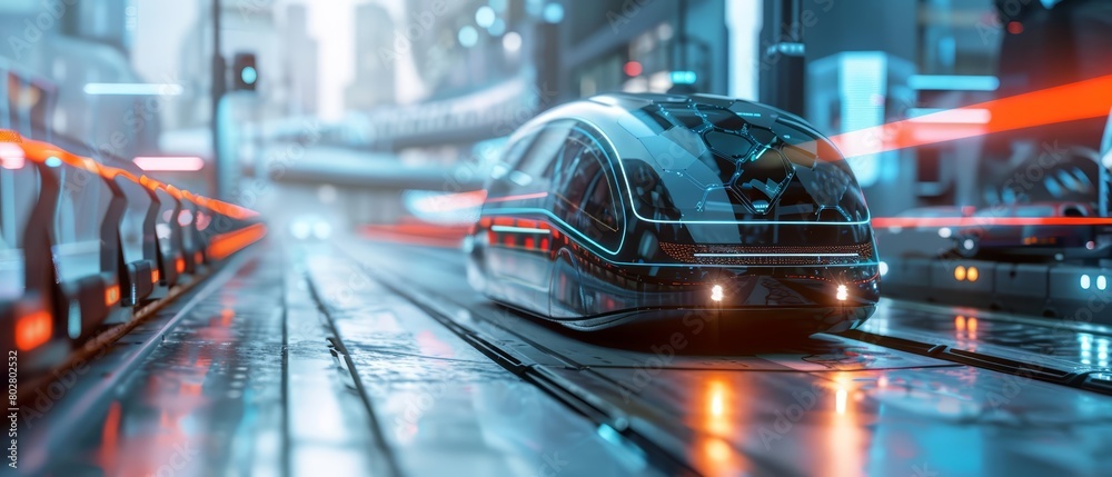A sleek and futuristic autonomous electric vehicle glides through a vibrant cityscape A sleek and futuristic autonomous electric vehicle glides through a vibrant cityscape