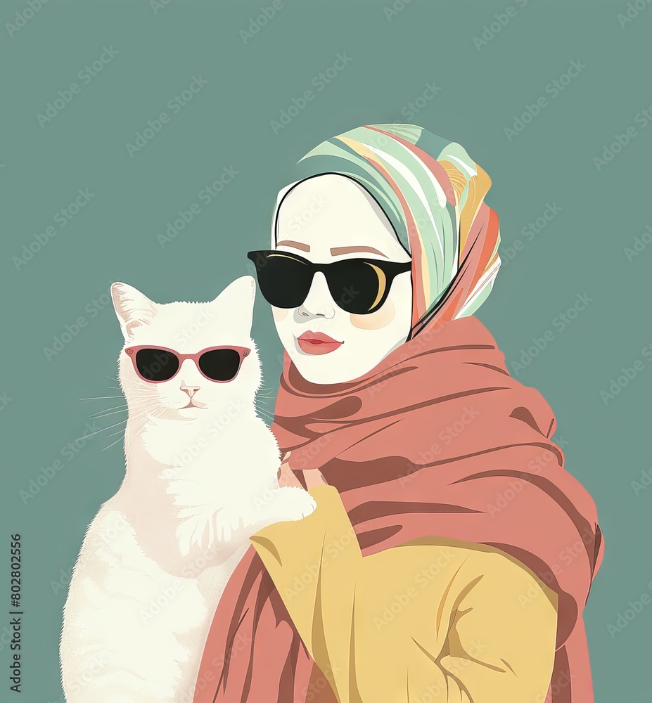 Woman holding cat with sunglasses and scarf