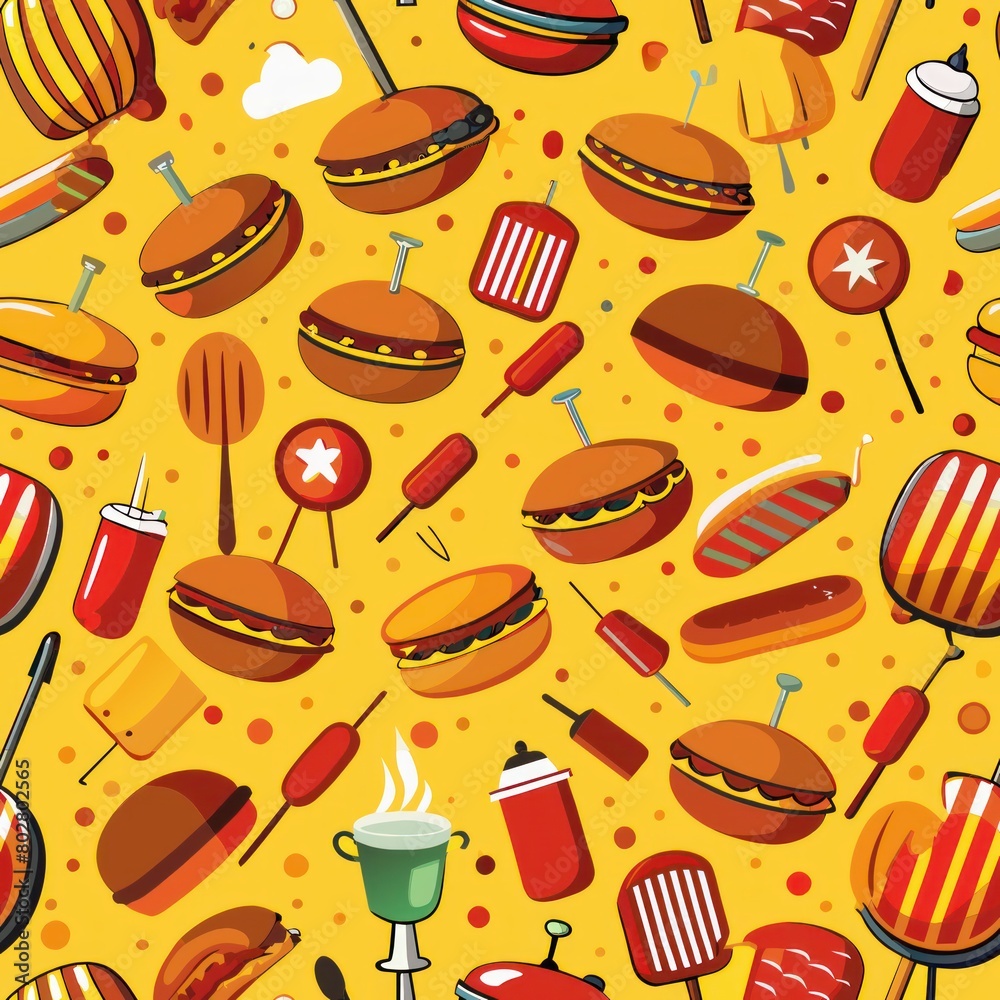 Seamless pattern of BBQ grills sizzling with hamburgers and hot dogs, Generative AI