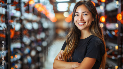 Smiling Hispanic woman, an IT worker, standing in front of a wall of lights