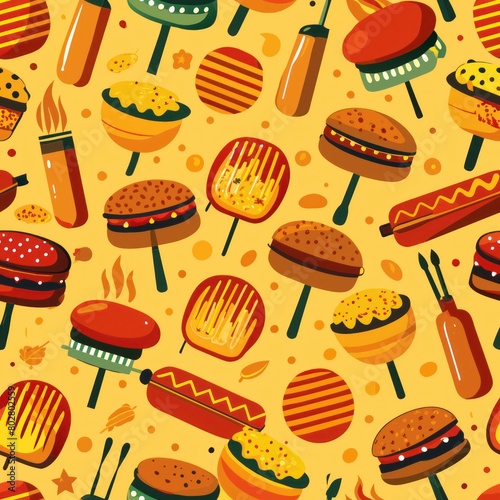Seamless pattern of BBQ grills sizzling with hamburgers and hot dogs  Generative AI