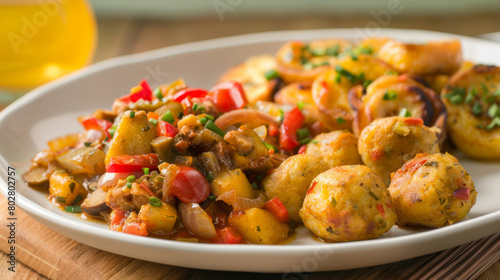 Savory jamaican curry with zesty dumplings, colorful bell peppers, and aromatic herbs, presented on a rustic wooden surface