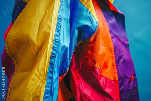 A colorful jacket with blue, yellow, orange, red, and purple panels.