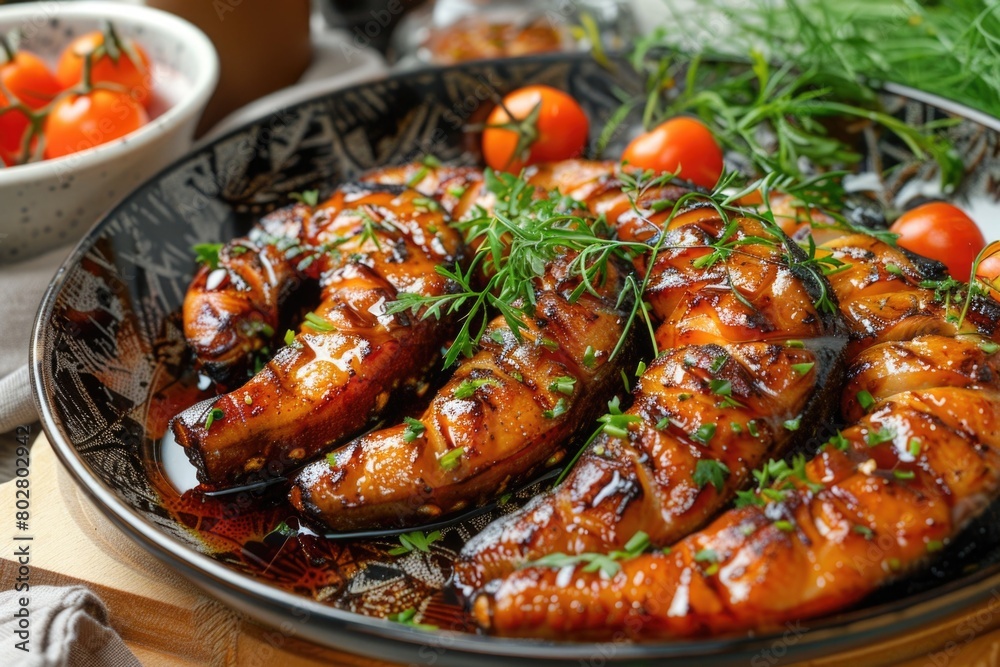 Delicious plate of grilled sausages with fresh tomatoes and herbs. Perfect for food and cooking concepts Delicious plate of grilled sausages with fresh tomatoes and herbs. Perfect for food and cooking concepts