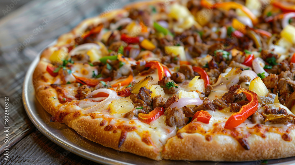Delicious jamaican jerk chicken pizza with pineapple, peppers, onions, and cheese, served on a rustic wooden table