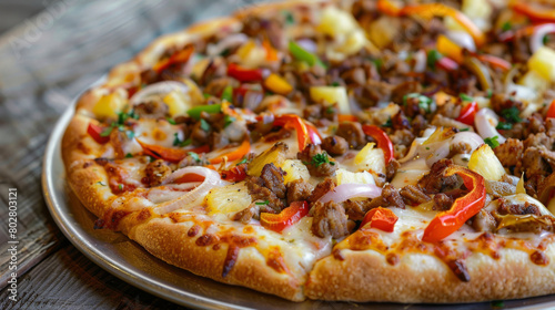 Delicious jamaican jerk chicken pizza with pineapple  peppers  onions  and cheese  served on a rustic wooden table