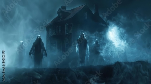 A group of ghosts haunt a house photo
