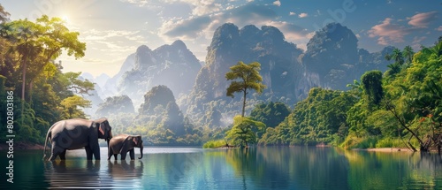 Two elephants wade through a river in the jungle with a beautiful mountain backdrop. photo