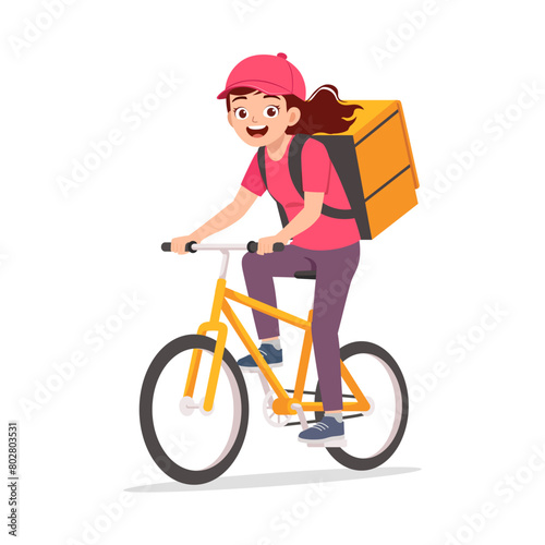 young adult courier woman ride bicycle and feel happy