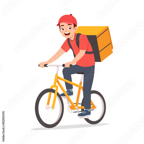 young adult courier man ride bicycle and feel happy