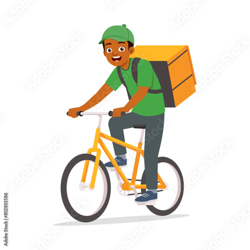 young adult courier man ride bicycle and feel happy