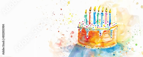 A watercolor painting of a birthday cake with six lit candles