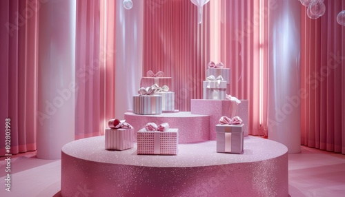 A beautiful pink room with a pink sparkly floor  pink columns  and pink curtains. There are several pink wrapped presents on display.