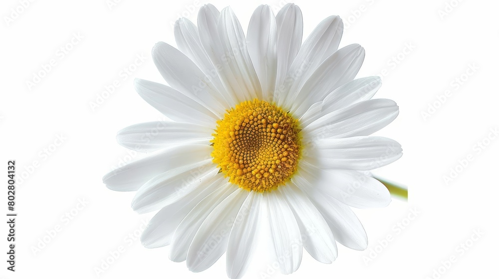Generate an image of a white daisy with a yellow center. The daisy should be in focus, with a blurred background. The image should be well-lit, with soft, natural lighting.