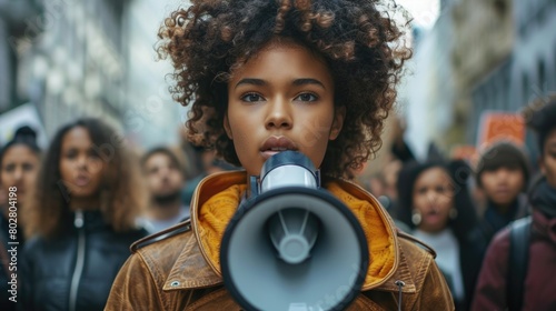 A woman standing in front of a crowd with a megaphone. Suitable for protest or rally concepts