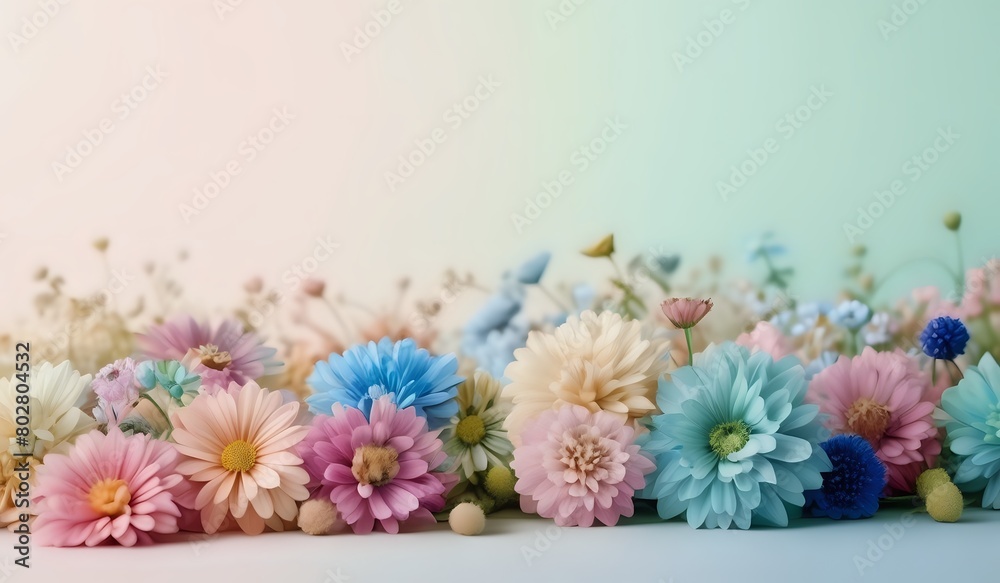 A bunch of colorful flowers arranged on a pastel background, front view