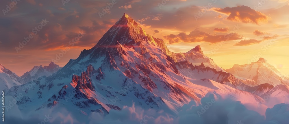 Obraz premium A majestic mountain range, with a towering peak that seems to touch the heavens. The sky is ablaze with color, as the sun sets behind the mountains.