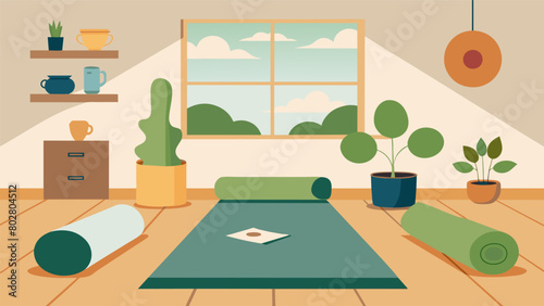 A tranquil yoga room featuring ecofriendly yoga mats made from natural rubber and sustainable cotton promoting a holistic approach to sustainable. Vector illustration