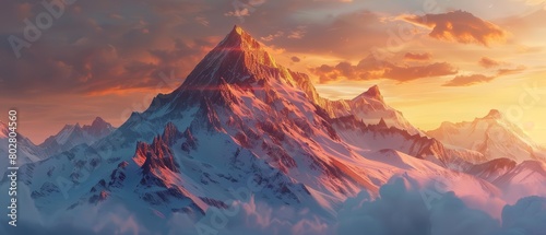 A majestic mountain range  with a towering peak that seems to touch the heavens. The sky is ablaze with color  as the sun sets behind the mountains.